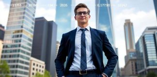 Professional in business attire against an urban skyline.