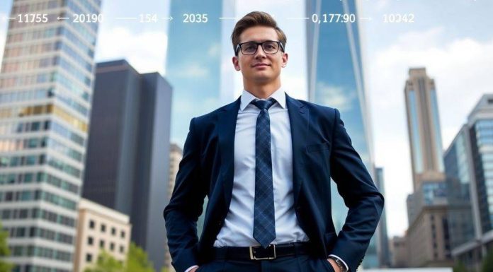 Professional in business attire against an urban skyline.