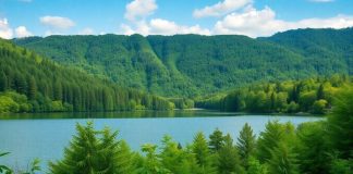 Lush green forest with a serene lake in nature.