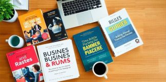 Flat lay of business books and workspace items.