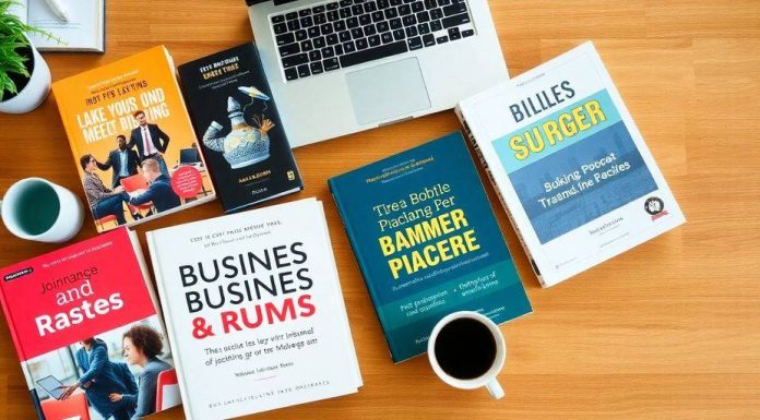 Flat lay of business books and workspace items.