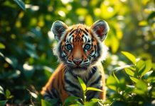 A tiger cub in a vibrant jungle environment.