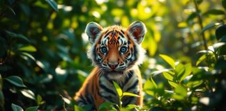 A tiger cub in a vibrant jungle environment.