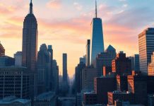 New York skyline with financial buildings and urban atmosphere.