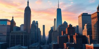 New York skyline with financial buildings and urban atmosphere.