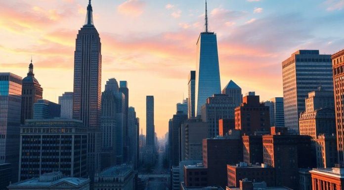 New York skyline with financial buildings and urban atmosphere.