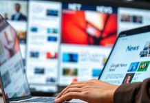 Journalist working with Google News on a laptop.