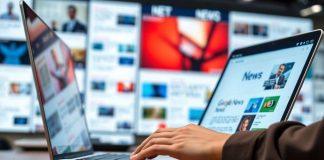 Journalist working with Google News on a laptop.