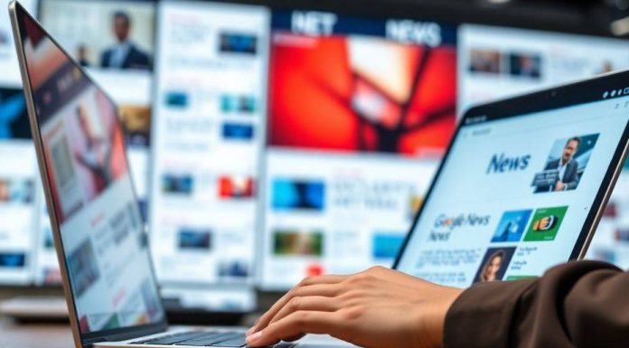 Journalist working with Google News on a laptop.