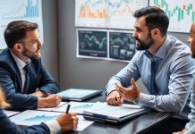 Financial analysts collaborating in a hedge fund office.