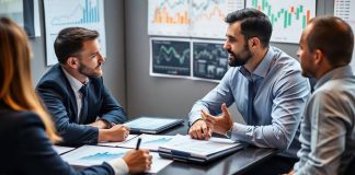 Financial analysts collaborating in a hedge fund office.