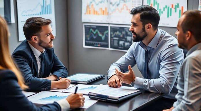 Financial analysts collaborating in a hedge fund office.