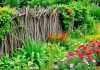 A garden with a rustic dead hedge and colorful flowers.