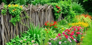 A garden with a rustic dead hedge and colorful flowers.