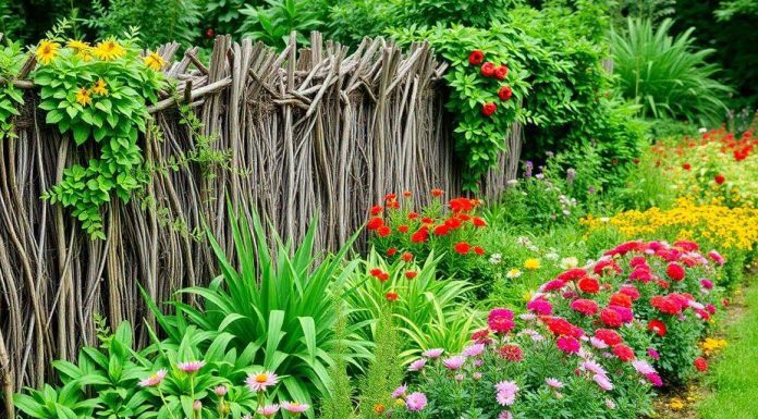 A garden with a rustic dead hedge and colorful flowers.