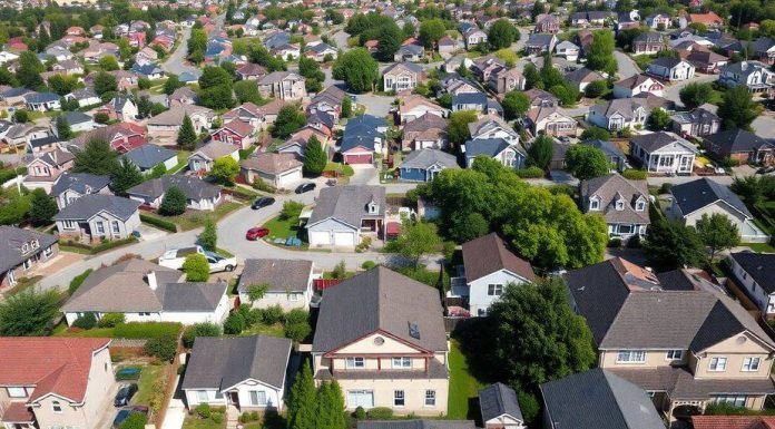 Aerial view of diverse American neighborhoods and homes.