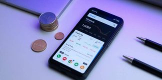 Smartphone with Google Finance app on a stylish desk.