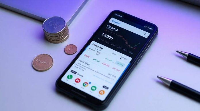 Smartphone with Google Finance app on a stylish desk.