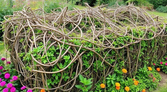 A lush garden with a constructed dead hedge.