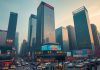 Busy financial district in China with skyscrapers and crowds.