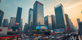 Busy financial district in China with skyscrapers and crowds.