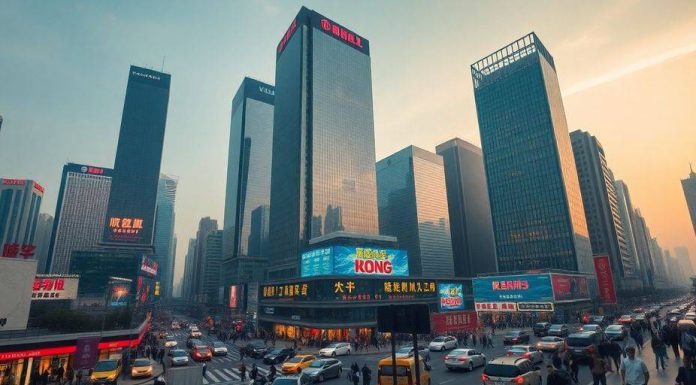 Busy financial district in China with skyscrapers and crowds.