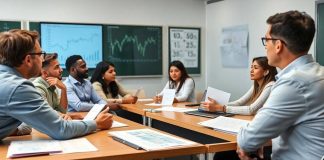 Students learning hedge fund management in an engaging classroom.