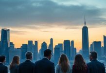 City skyline at dusk with professionals discussing finance.