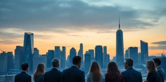 City skyline at dusk with professionals discussing finance.