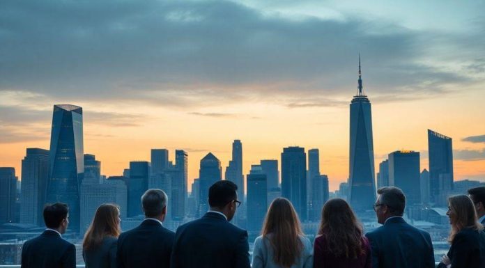 City skyline at dusk with professionals discussing finance.