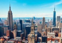 New York skyline with bustling streets and iconic landmarks.