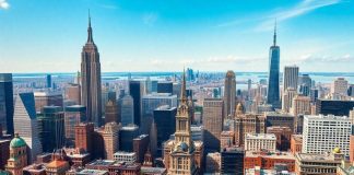 New York skyline with bustling streets and iconic landmarks.