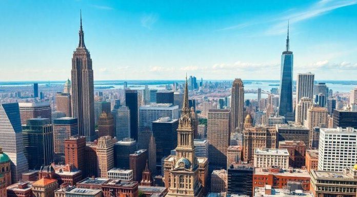 New York skyline with bustling streets and iconic landmarks.