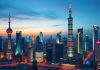 Shanghai skyline at dusk with illuminated buildings.