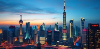 Shanghai skyline at dusk with illuminated buildings.