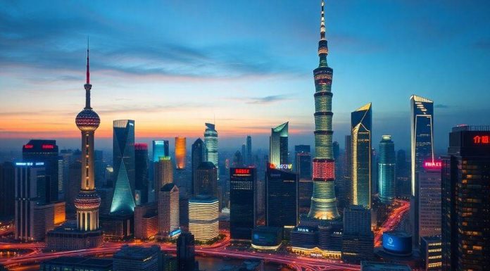 Shanghai skyline at dusk with illuminated buildings.