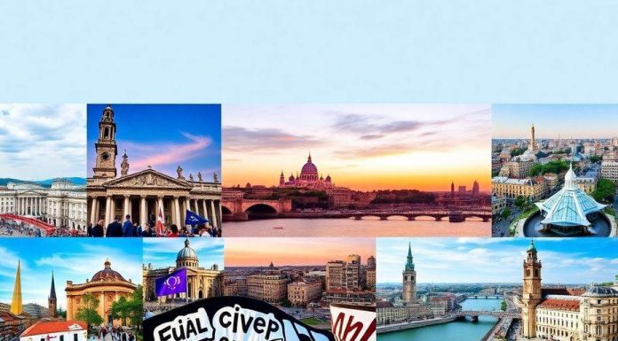 Collage of European news images with landmarks and events.