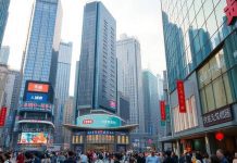 China's financial district with skyscrapers and busy streets.