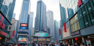 China's financial district with skyscrapers and busy streets.