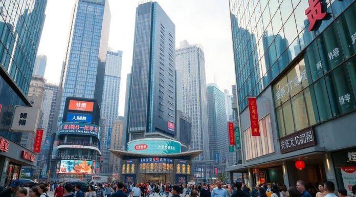 China's financial district with skyscrapers and busy streets.