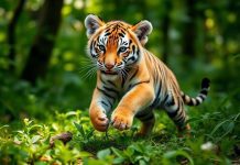 A tiger cub playing in a green forest.