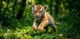 A tiger cub playing in a green forest.