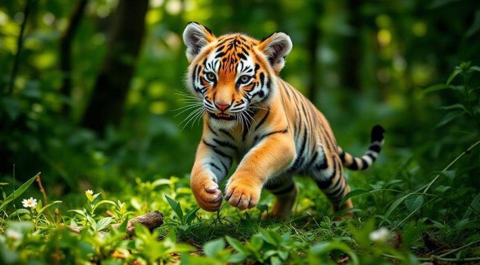 A tiger cub playing in a green forest.