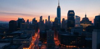 City skyline at dusk highlighting financial district buildings.