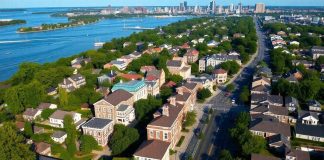 Aerial view of Greenwich CT showcasing waterfront properties and skyline.