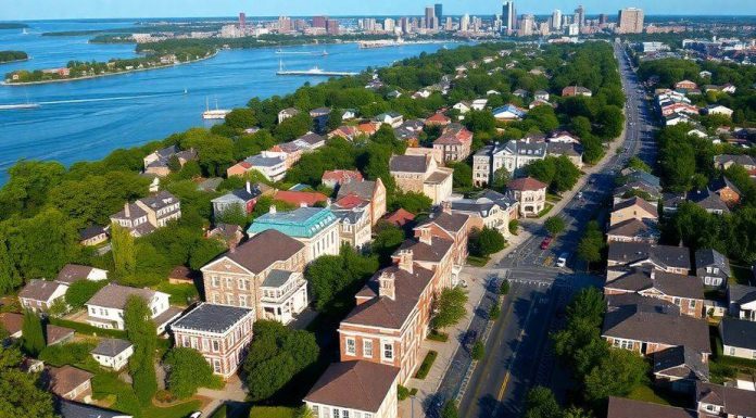 Aerial view of Greenwich CT showcasing waterfront properties and skyline.