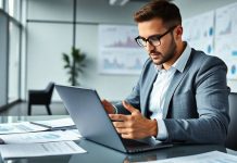 Financial analyst reviewing market trends in a modern office.