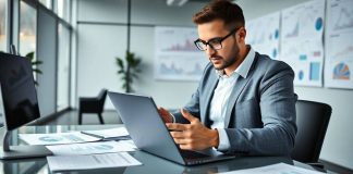 Financial analyst reviewing market trends in a modern office.