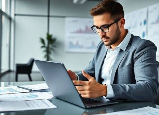 Financial analyst reviewing market trends in a modern office.