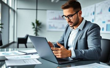 Financial analyst reviewing market trends in a modern office.